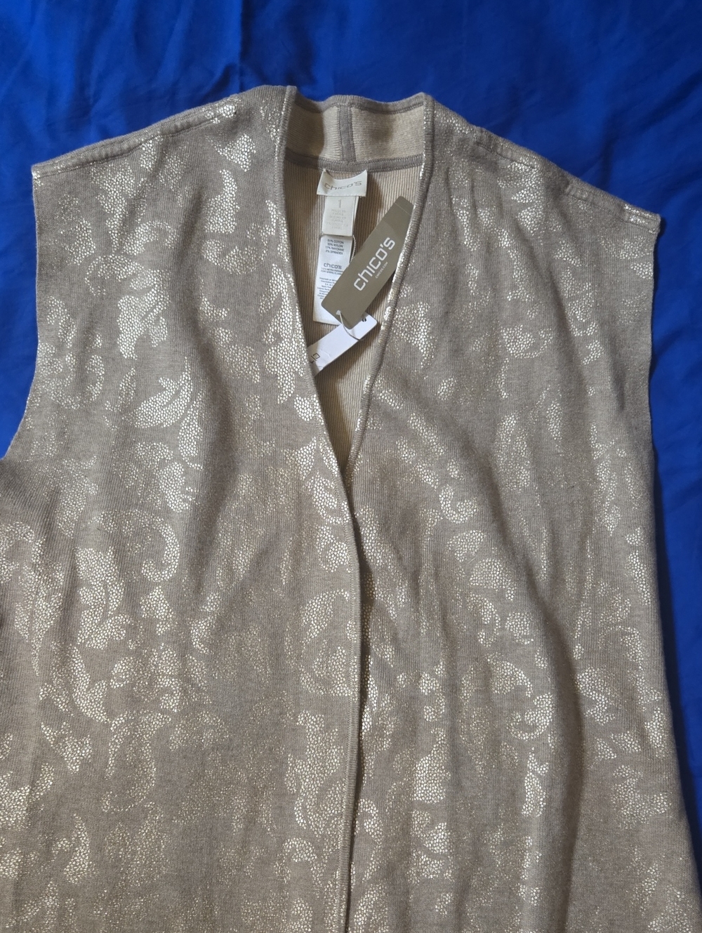 Chico's Soft Metallic Open-Front Long Vest in Gold Jackard